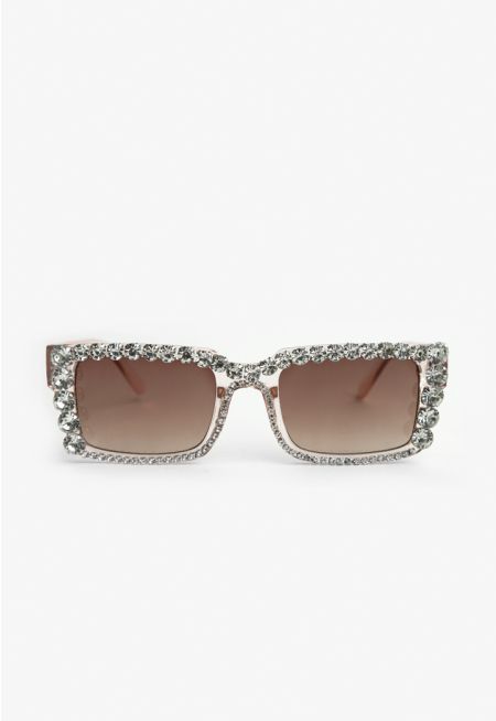 Crystal Embellished Rectangular Frame Sunglasses