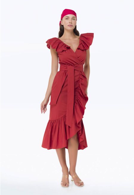 Solid Frilled Asymmetrical Neck Dress -Sale