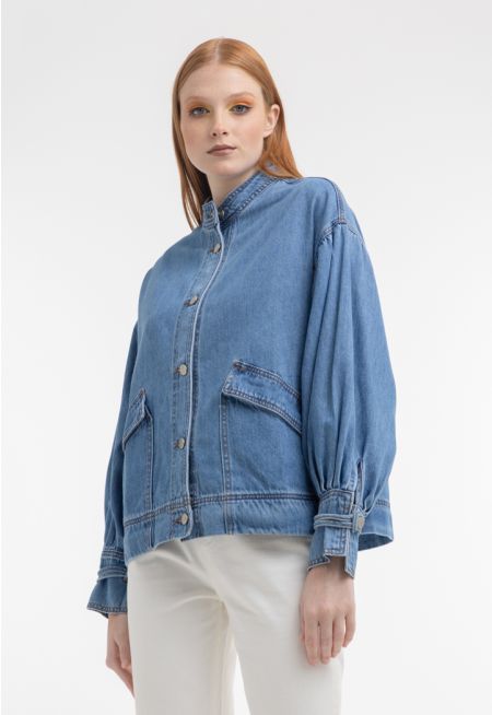 Front Pockets Denim Textured Outer Jacket -Sale