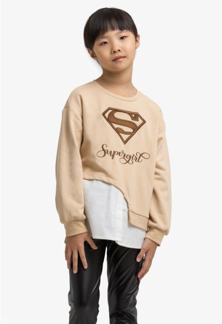 Supergirl Logo Print Crew Neck Long Sleeves Sweatshirt -Sale