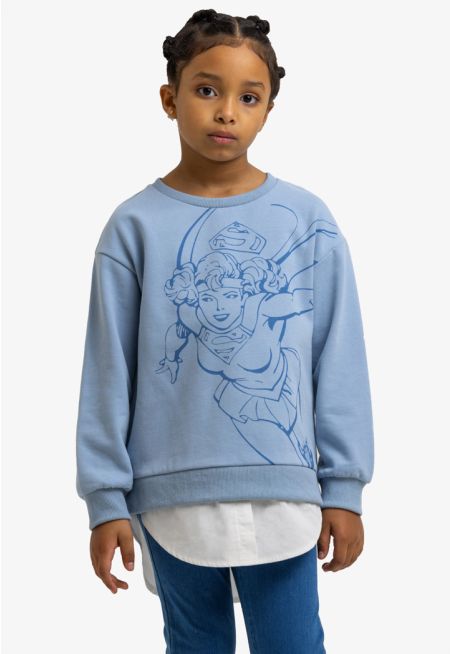 Supergirl Mega Print Crew Neck Long Sleeves Sweatshirt -Sale