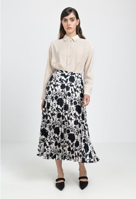 Floral Print Pleated Flared Skirt