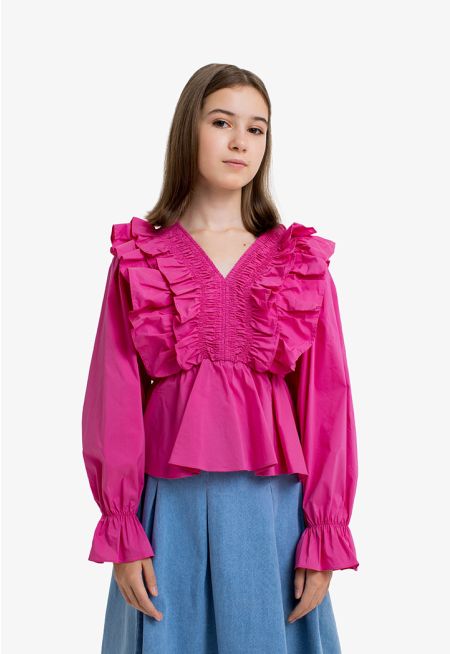 Solid Ruffled V Neck Blouse