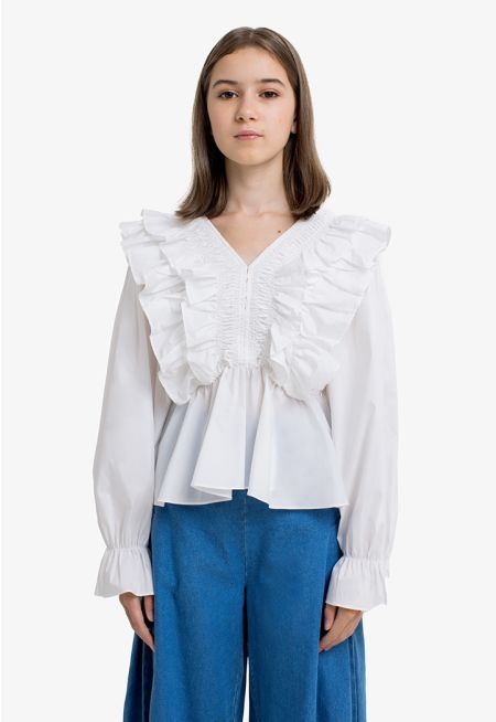 Solid Ruffled V Neck Blouse