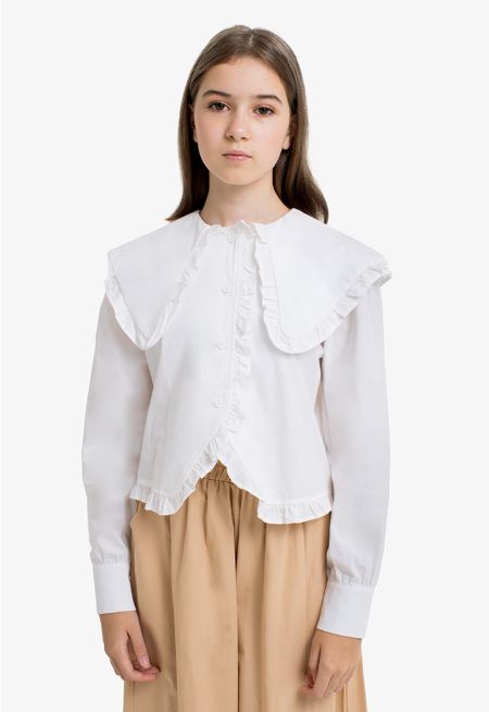 Solid Ruffled Sailor Collar Shirt