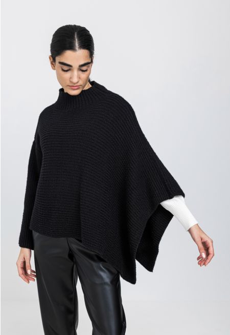One Sleeve Knitted Ribbed Solid Poncho