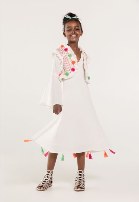 Long-Sleeved Dress With Attached Embroidered Gilet