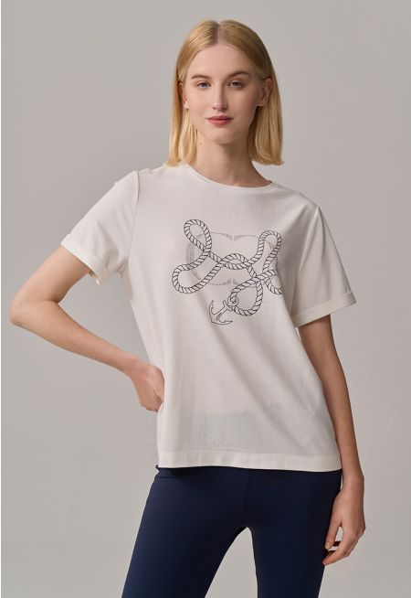 Printed Motif Crystal Embellished T-Shirt