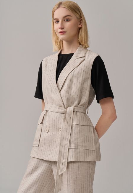 Striped Sleeveless Belted Gilet