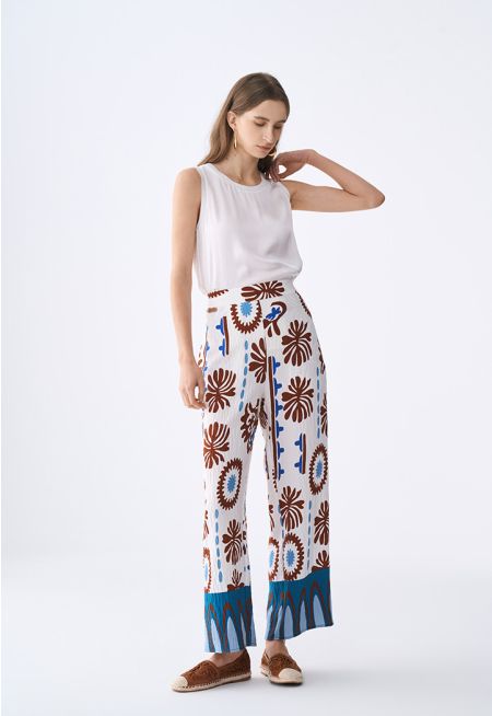 Printed Crinkled Wide Leg Trousers