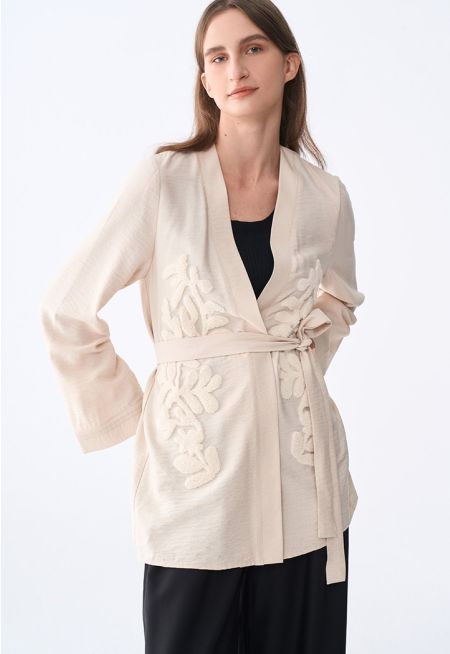Chenille Embroidered Belted Kimono