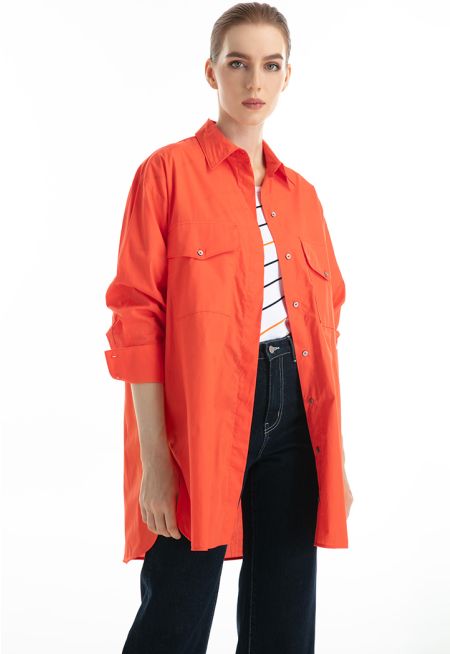 Solid Oversized Patch Pockets Long Shirt