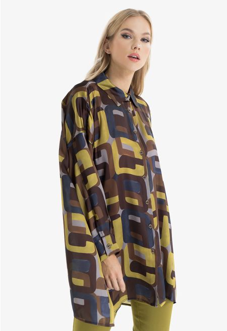 Geometrical Allover Printed Oversize Shirt -Sale