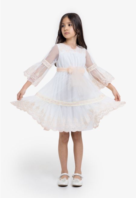 Lace Mesh Floral Belted Dress