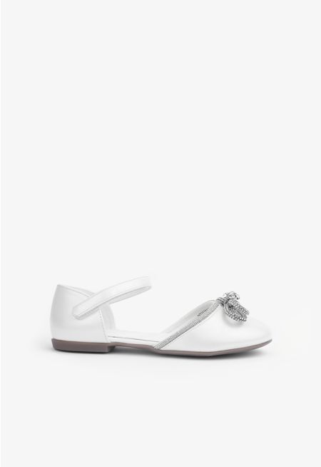 Crystal Embellished Bow Flat Strap Shoes