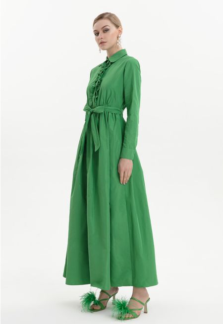 Sleeved Ruffled With Feathers Maxi Dress -Sale