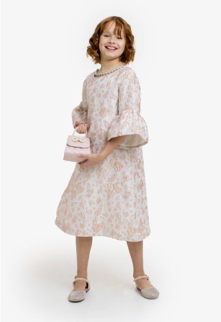 Embellished Neckline Metallic Dress