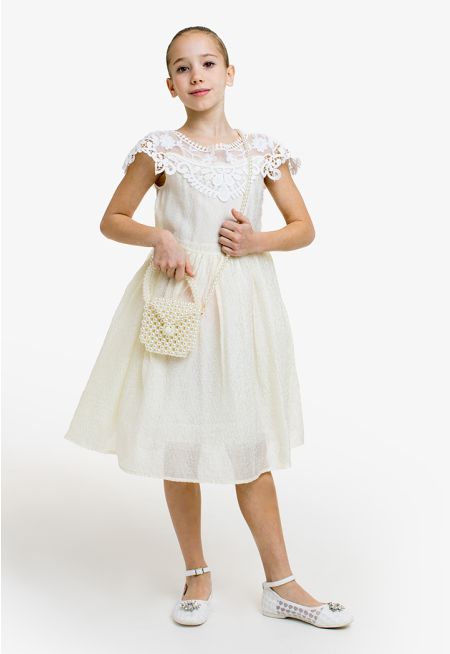 Textured Lace Cap Sleeves Dress