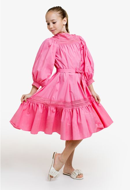 Belted Dress with Lace Details