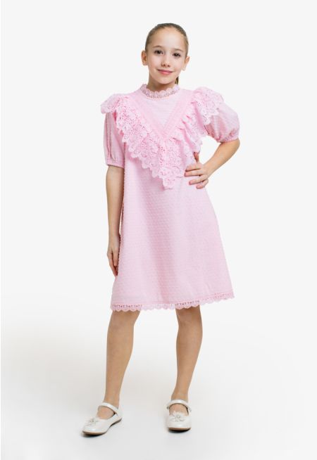 Dobby Textured Dress with Lace Details