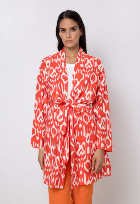 Printed Belted Long Sleeve Kimono