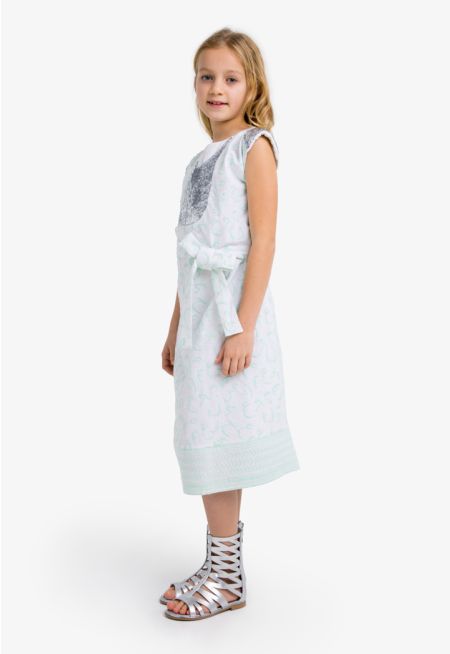 Sequin Embroidered Belted Sleeveless Dress 