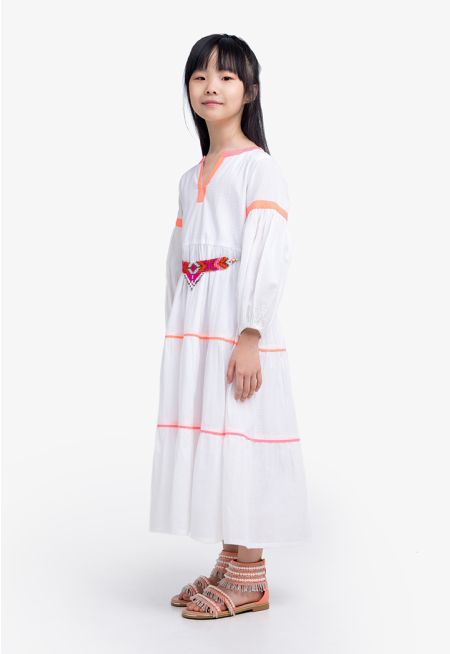 Neon Contrast Balloon Sleeved Tiered Dress