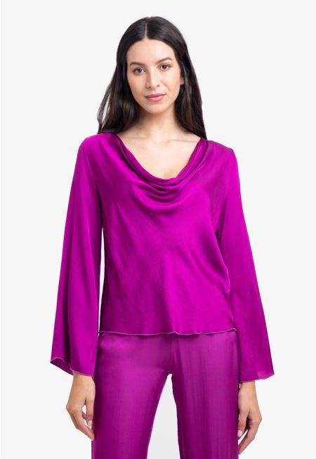 Cowl Neck Solid Silky Viscose Blouse -Sale