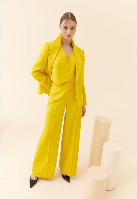 Roman Solid Crepe Palazzo Trousers Yellow