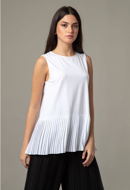 Pleated Hem Sleeveless Boat Round Neck Top