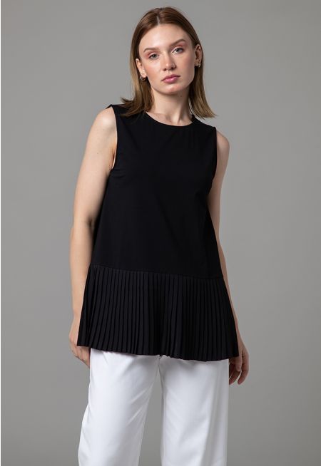 Pleated Hem Sleeveless Boat Round Neck Top