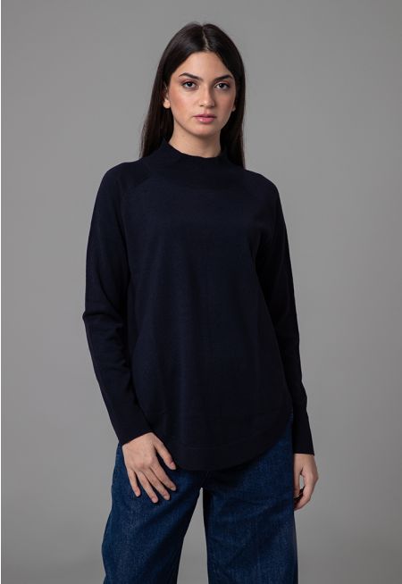 Ribbed High Neckline Round Hem Basic Top