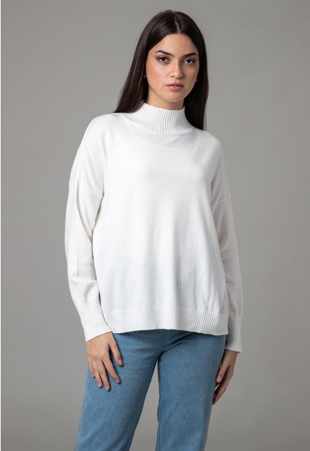 Ribbed High Neckline Hi-Low Hem Basic Top