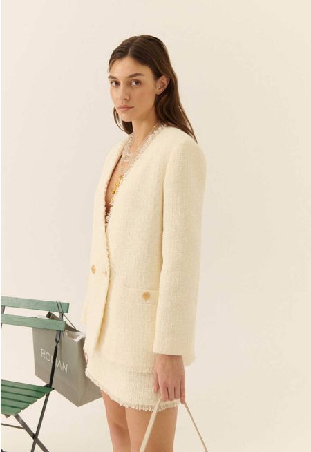 Roman Tweed Jacket With Gold Buttons Off White