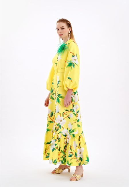Floral Print Maxi Party Dress With Belt -Sale