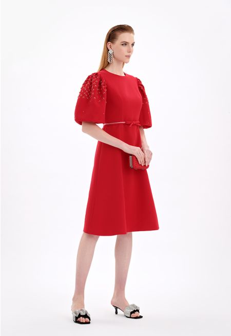 Puff Sleeves Embellished Dress With Ribbon Belt -Sale