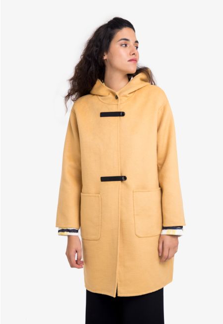 Solid Midi Jacket With Attached Hood 