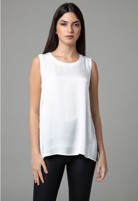 Shiny Satin Basic Top With Ribbed Neckline