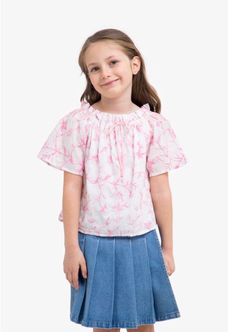 Floral Textured Elastic Neck Blouse