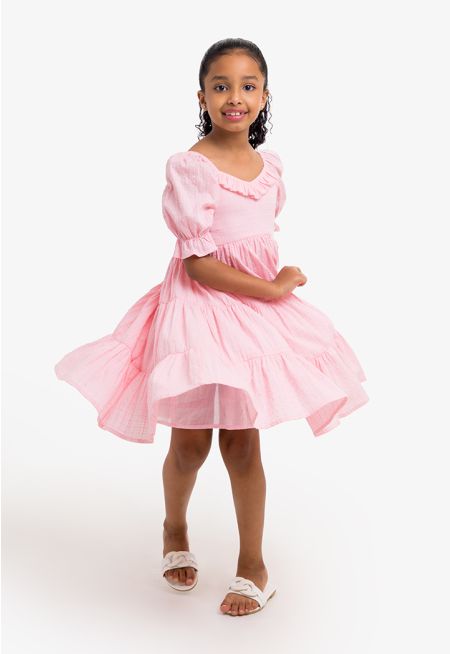Solid Ruffled Neck Tiered Dress