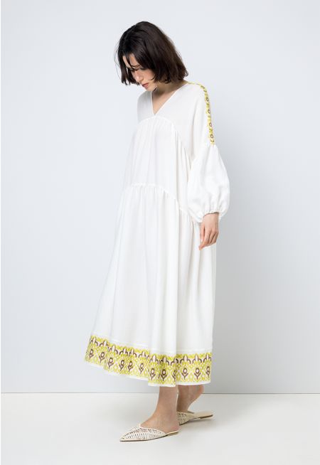 Solid Embroidered Long Sleeves Dress