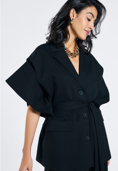 Notched Collar Belted Cape Blazer