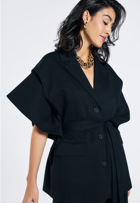 Notched Collar Belted Cape Blazer- Ramadan Style