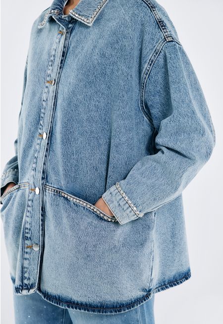 Oversized Crystal Embellished Denim Jacket