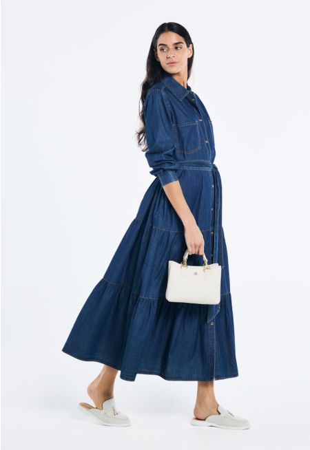 Tiered Belted Denim Dress