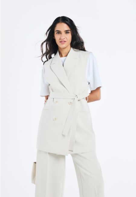 Solid Sleeveless Belted Blazer- Ramadan Style