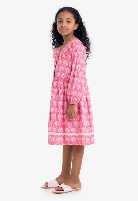 Printed Tassel Long Sleeves Dress
