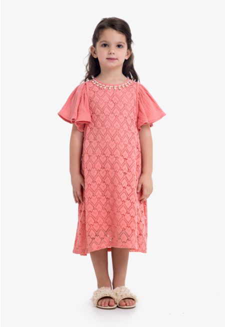 Embellished Crew Neck Lace Dress