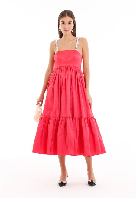 Pearls And Strass Double Straps Tiered Taffeta Dress