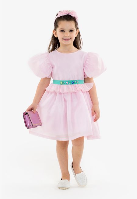 Metallic Rhinestones Belted Dress